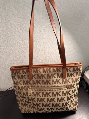 Michael Kors Tan & Cream MK Logo Tote with Gold Hardware